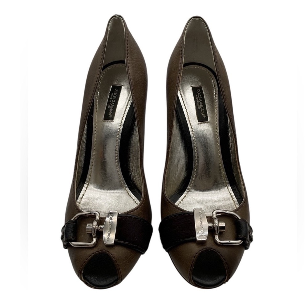 Dolce & Gabbana Brown Leather Peep Toe Buckle Pumps Heels Size 38 Made in Italy
